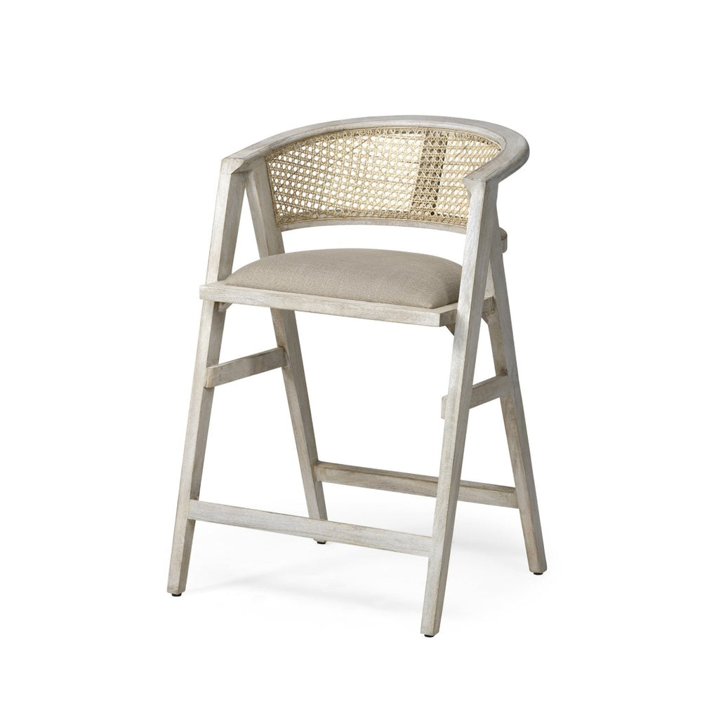 Mercana Tabitha Coastal-Inspired Counter Stool with Woven Cane Back and Cushioned Seat for Modern Spaces Beige Fabric | Blonde Wood | Counter 68496