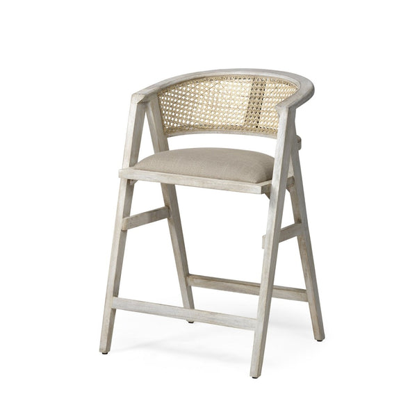 Mercana Tabitha Coastal-Inspired Counter Stool with Woven Cane Back and Cushioned Seat for Modern Spaces Beige Fabric | Blonde Wood | Counter 68496