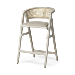 Mercana Tabitha Coastal-Inspired Counter Stool with Woven Cane Back and Cushioned Seat for Modern Spaces Beige Fabric | Blonde Wood | Bar 68497
