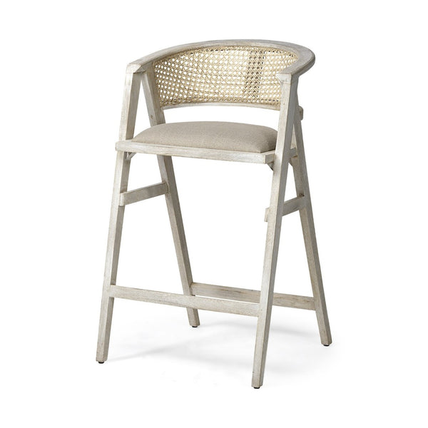 Mercana Tabitha Coastal-Inspired Counter Stool with Woven Cane Back and Cushioned Seat for Modern Spaces Beige Fabric | Blonde Wood | Bar 68497