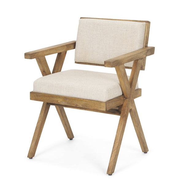 Mercana Topanga Dining Chair - Elegant Solid Back Design with Plush Upholstery for Coastal and Modern Spaces Cream Fabric | Medium Brown Wood 68504