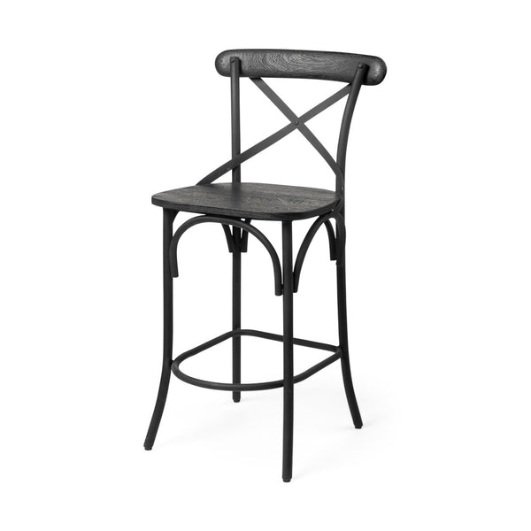 Mercana Etienne 26.25" Rustic Farmhouse Stool with Sturdy Iron Base for Stylish Kitchen and Bar Spaces Black Wood | Black Metal | Counter 68512