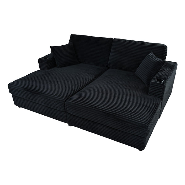 English Elm 86.5" Oversized Loveseat Chaise Lounge Sectional Sofa Bed Corduroy with USB Ports, Cup Holders & Pillows Black N719P232602B