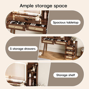 English Elm 47''Vintage Elegant Makeup Vanity with Lights and Mirror, 5-Drawer Rattan Design, Solid Wood Craftsmanship Dark Walnut 46 L x 27 W x 8 H N733P337468D