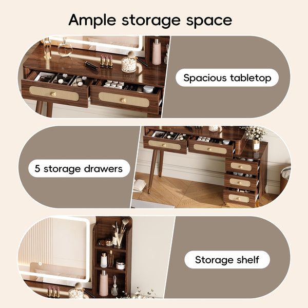 English Elm 47''Vintage Elegant Makeup Vanity with Lights and Mirror, 5-Drawer Rattan Design, Solid Wood Craftsmanship Dark Walnut 46 L x 27 W x 8 H N733P337468D