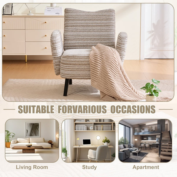 English Elm Modern Bouclé Armchair with High-Density Foam, Side Pocket & Solid Wood Legs for Cozy Reading Spots khaki W395P376567