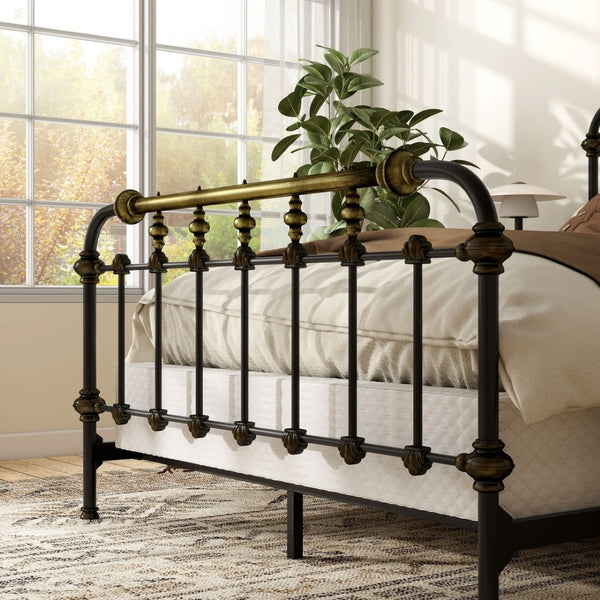 English Elm Transitional Metal King Bed Spindle Headboard in Black with Gold Accent Detail B2741P476063