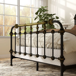 English Elm Transitional Queen Bed Ornate Metal Frame Gold Accents Old World Bedroom Elegance B2741P476062