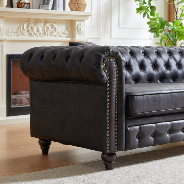 English Elm Fx Chesterfield Sofa Hand Tufted Tech Fabric Three Seat Living Room Couch Black W1926S00109