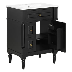 English Elm 24 Inch Freestanding Vanity with Ceramic Sink Rubberwood Frame Matte Finish Storage Black N725P356058B