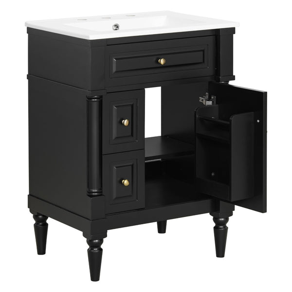 English Elm 24 Inch Freestanding Vanity with Ceramic Sink Rubberwood Frame Matte Finish Storage Black N725P356058B