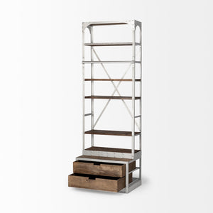 Mercana Brodie II Industrial Four-Shelf Shelving Unit with Sliding Ladder for Stylish Home Storage Solutions Medium Brown Wood | Silver Metal | 32L 50324-AB