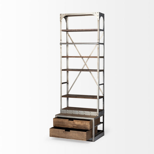 Mercana Brodie II Industrial Four-Shelf Shelving Unit with Sliding Ladder for Stylish Home Storage Solutions Light Brown Wood | Nickel Tone Metal | 32L 50369-AB