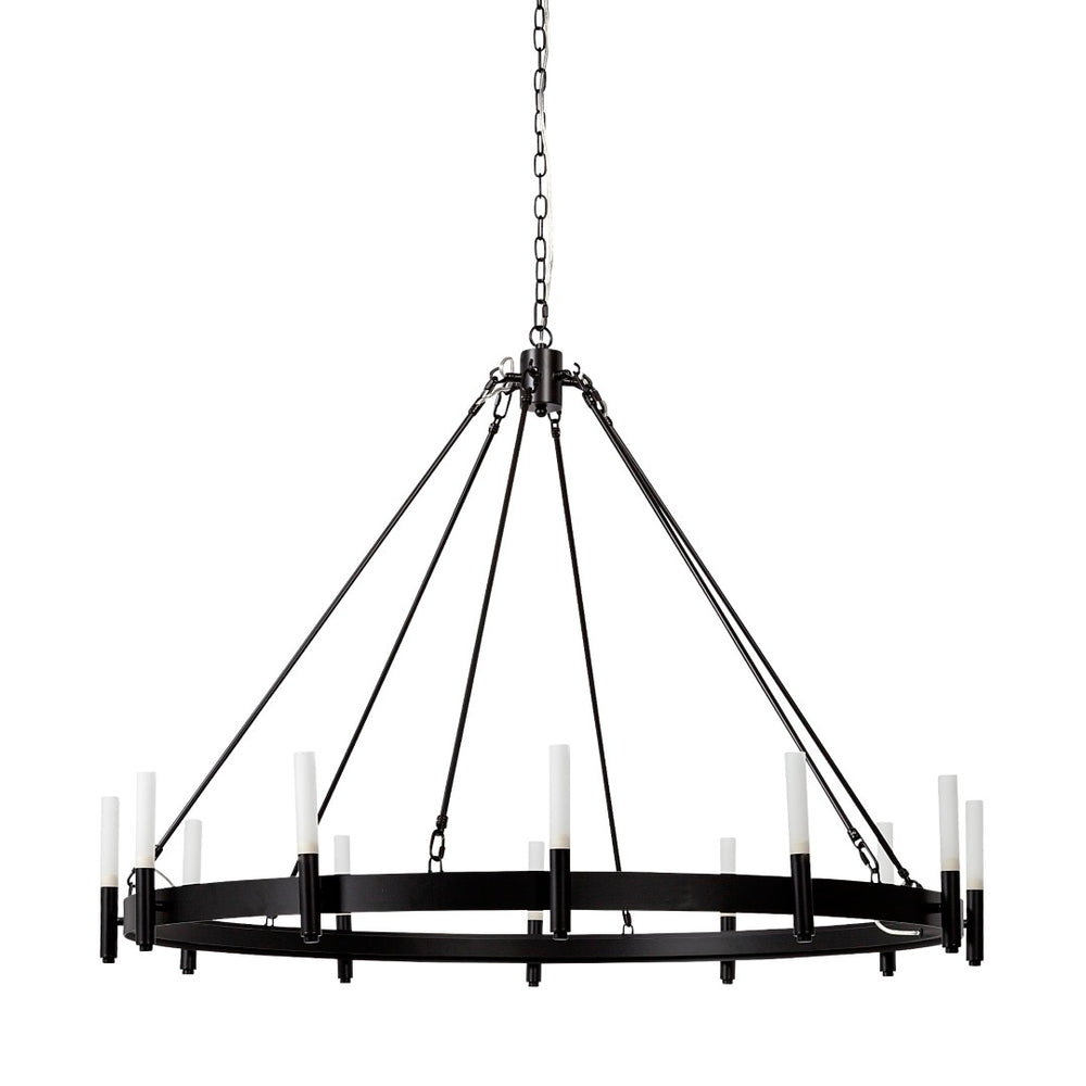 Mercana Decamp I Wagon-Wheel Chandelier: Modern Elegance with Twelve Frosted Glass Tubes for Stunning Illumination Black Metal 68594