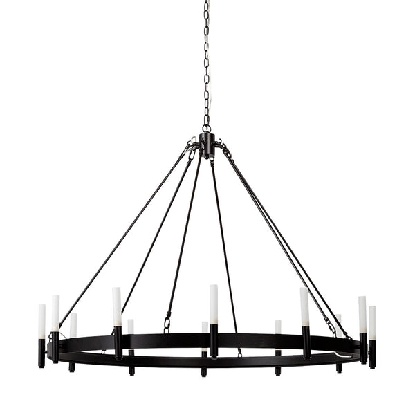 Mercana Decamp I Wagon-Wheel Chandelier: Modern Elegance with Twelve Frosted Glass Tubes for Stunning Illumination Black Metal 68594