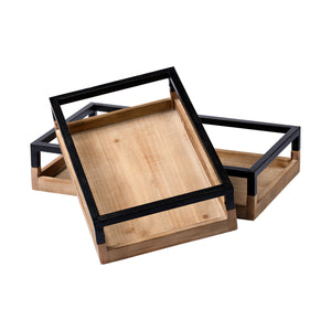 Mercana Ross Set of 2 Natural Wood W/ Black Metal Nesting Trays 68647