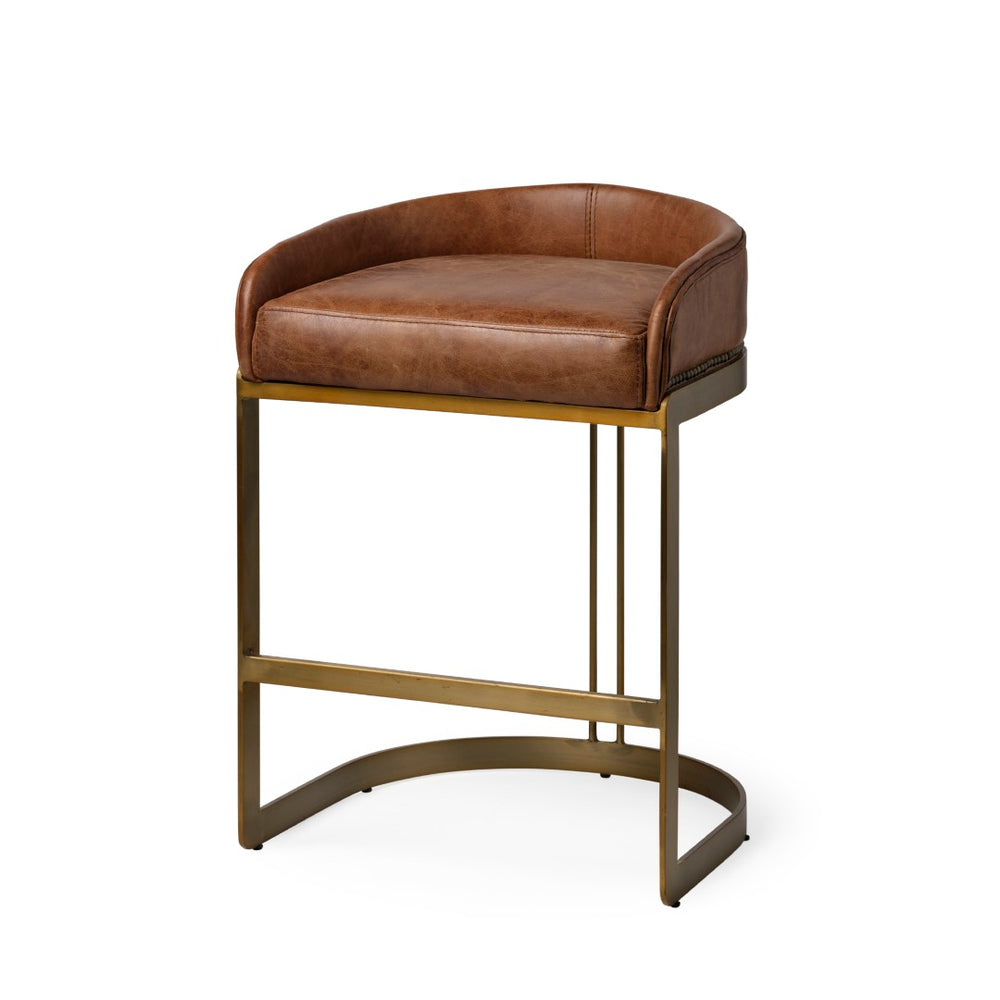 Mercana Hollyfield Counter Stool: Luxe Leather Seat with Industrial Metal Base for Modern Interiors Brown Leather | Gold Metal | Counter 68573