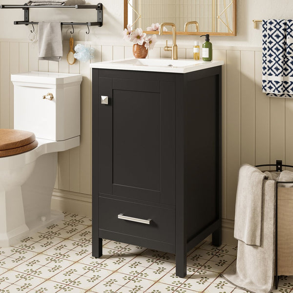 English Elm 18-Inch Modern Bathroom Vanity with Ceramic Sink, Soft-Close Doors, Divider Drawer & Adjusting Feet Black N729P334854B