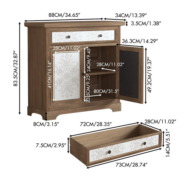 English Elm Rustic Boho Carved Accent Cabinet with Drawer & Removable Shelves, Distressed Sideboard Storage for Entryway W808P245579