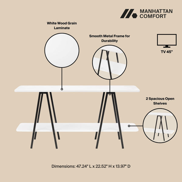 English Elm Celine 47" Console Table in White – Sleek MDF & Black Steel Legs, 2 Open Shelves, Fits Up to 45" TV B365P398250