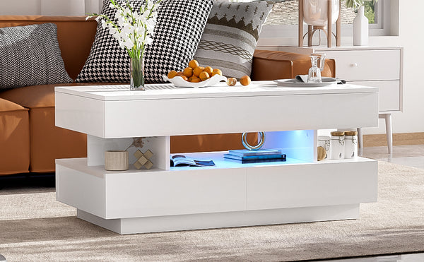 English Elm U-Can Lift-Top Coffee Table with LED Ambient Lighting, Dual Drawers and Adjustable Scalable Design White N724P290058K