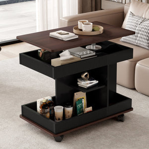 English Elm U-Can Modern Adjustable End Table with 360° Rotating Lift-Top, Lockable Wheels and Storage Space Black+Brown N724P292505B