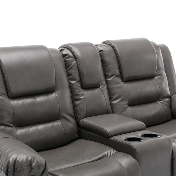 English Elm 2 Seater Home Theater Recliner with Cup Holders and Hidden Storage Box, PU Upholstery, Manual Recline Comfort Grey WF323619AAE