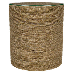 English Elm Burma Seagrass Woven Round Side Table with Tempered Glass Top for Coastal Living B062P441426