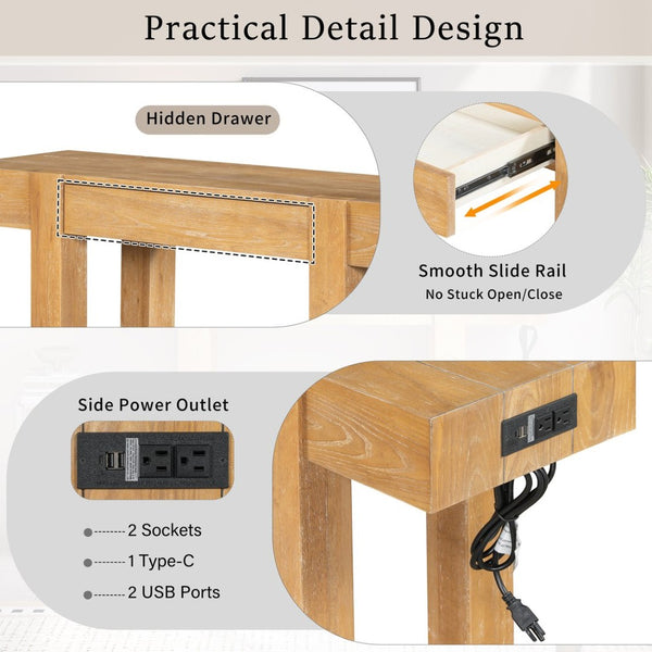 English Elm Trexm Ash Veneer Entryway Console Table Built in Power Outlet Drawer Rubberwood Natural N715P361518N