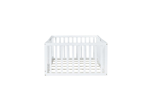 English Elm Twin Floor Bed Solid Rubber Wood with Tall Safety Railings for Toddler Sleep White W504P287652