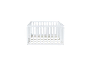 English Elm Twin House Frame Floor Bed Rubberwood with Roof Canopy and Safety Rails for Kids White W504P429538