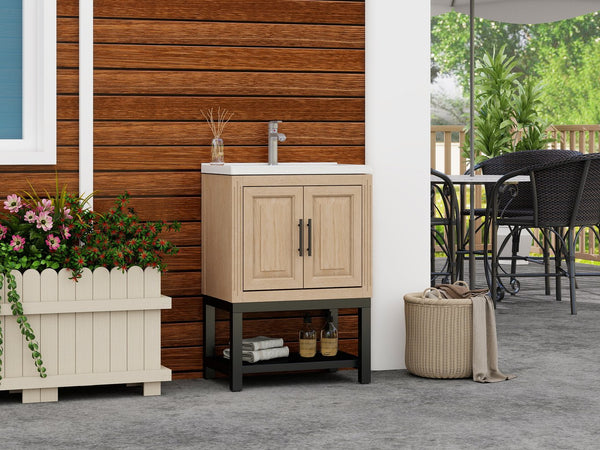 English Elm 24" Bathroom Vanity with Smooth White Ceramic Sink, Durable Metal Hinges, Adjustable Feet, Sleek Faucet & Open Iron Shelf Natural W688P224403