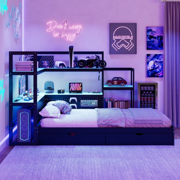 English Elm Twin Gaming Daybed with Led Strips Desk Pegboard Bookcase and Three Storage Drawers Black+Blue N820S00083C