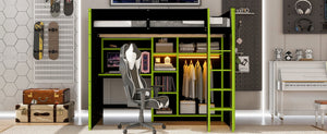 English Elm Full Size Loft Bed with Rgb Lighting Desk Open Wardrobe and Storage for Gaming Rooms Green LT000277AAG