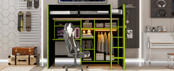 English Elm Full Size Loft Bed with Rgb Lighting Desk Open Wardrobe and Storage for Gaming Rooms Green LT000277AAG