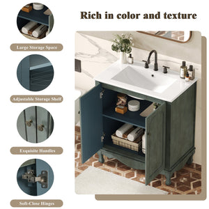 English Elm Christopher Knight Home® - 30" Vintage Bathroom Vanity with Rectangle Ceramic Sink, Rubber Wood Legs, Soft-Close Doors, Adjustable Shelves Antique blue green,Teal N817P245316B