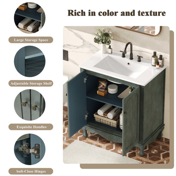 English Elm Christopher Knight Home® - 30" Vintage Bathroom Vanity with Rectangle Ceramic Sink, Rubber Wood Legs, Soft-Close Doors, Adjustable Shelves Antique blue green,Teal N817P245316B