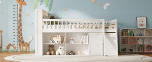 English Elm Queen Loft Bed with Open Shelving Built-in Led Light White Wood Frame N7090005025K