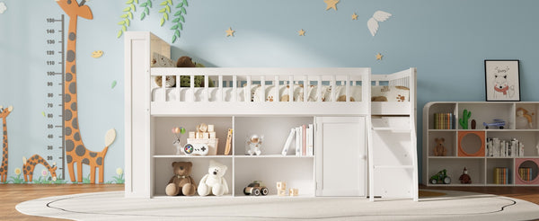English Elm Queen Loft Bed with Open Shelving Built-in Led Light White Wood Frame N7090005025K