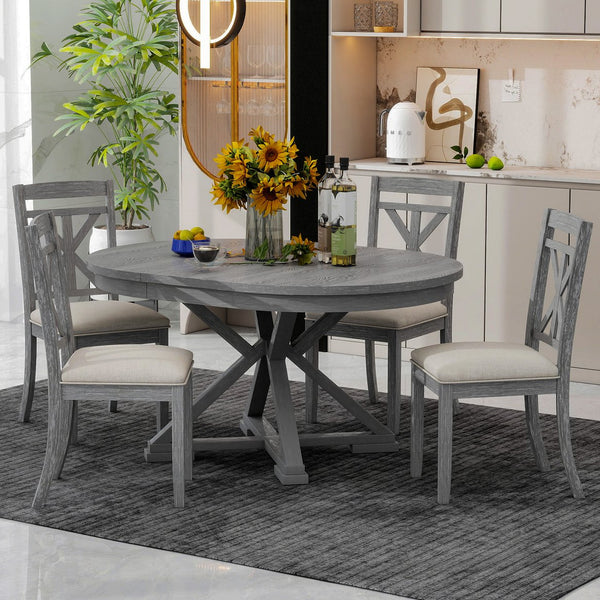 English Elm TREXM Retro 5-Piece Extendable Round-to-Oval Dining Set with Upholstered Chairs, Solid Rubberwood Finish Grey ST000141AAE