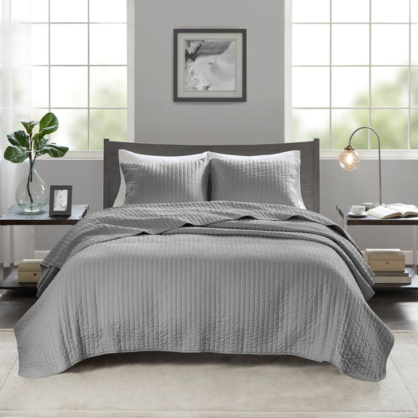 English Elm 2 Piece Keaton Reversible Quilt Set Grey Twin/Twin XL – Brushed Microfiber, Antimicrobial, Cozy Farmhouse Stitching Comfort B035129037