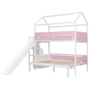 English Elm House-shaped Pine Bunk Bed with Built-in Slide Storage Staircase Twin Over Full Kids Frame White+Pink N820S00082K