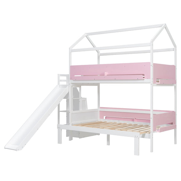 English Elm House-shaped Pine Bunk Bed with Built-in Slide Storage Staircase Twin Over Full Kids Frame White+Pink N820S00082K
