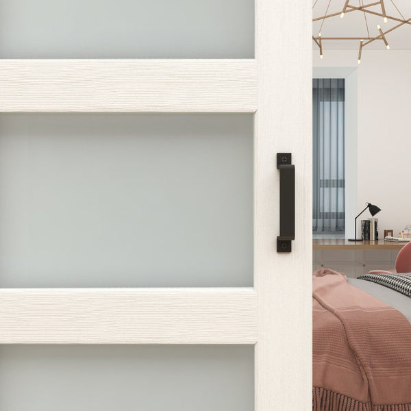 English Elm 30 in Matte Black Steel Sliding Barn Door Frosted Glass Privacy Panel with Hardware B2763P483228