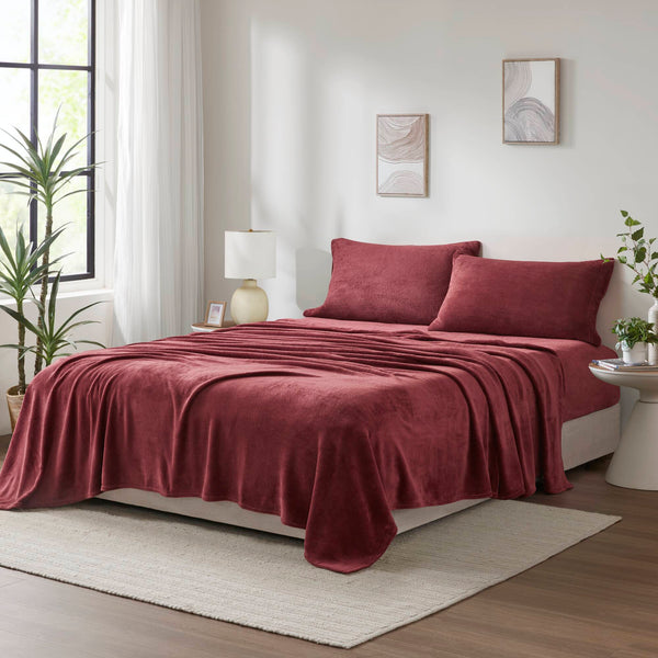 English Elm 4 Pcs King Micro Plush Sheet Set In Luxurious Burgundy - Ultra-Soft, Warm, & Easy Care Bedding Set B035P319761