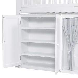 English Elm Twin Loft Bed with Wardrobe Cabinet Led Lighting and Pine Frame for Kids Rooms White N7090002235K