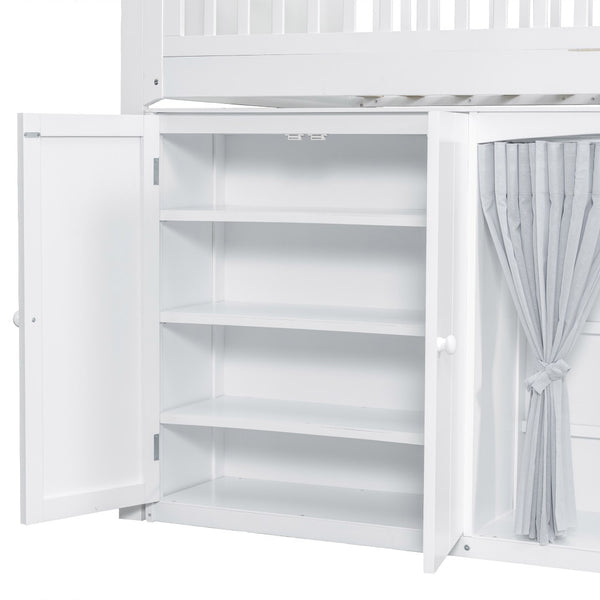 English Elm Twin Loft Bed with Wardrobe Cabinet Led Lighting and Pine Frame for Kids Rooms White N7090002235K