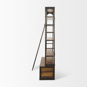 Mercana Brodie II Industrial Four-Shelf Shelving Unit with Sliding Ladder for Stylish Home Storage Solutions Medium Brown Wood | Black Metal | 57L 50031-AB