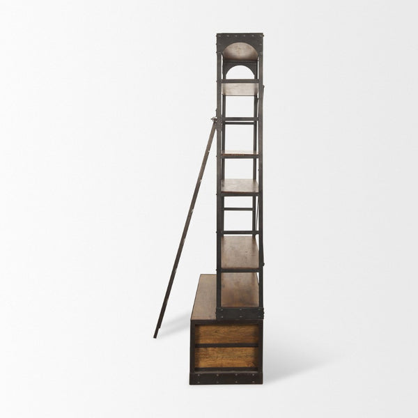 Mercana Brodie II Industrial Four-Shelf Shelving Unit with Sliding Ladder for Stylish Home Storage Solutions Medium Brown Wood | Black Metal | 57L 50031-AB