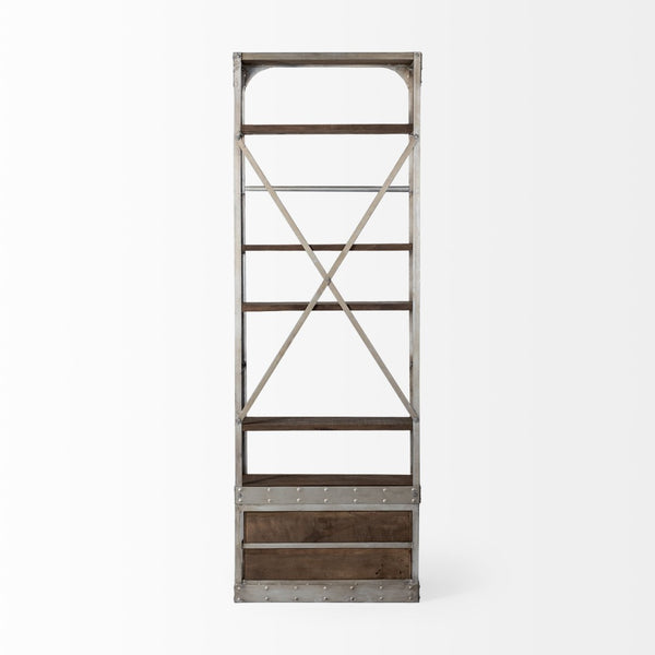 Mercana Brodie II Industrial Four-Shelf Shelving Unit with Sliding Ladder for Stylish Home Storage Solutions Light Brown Wood | Nickel Tone Metal | 32L 50369-AB